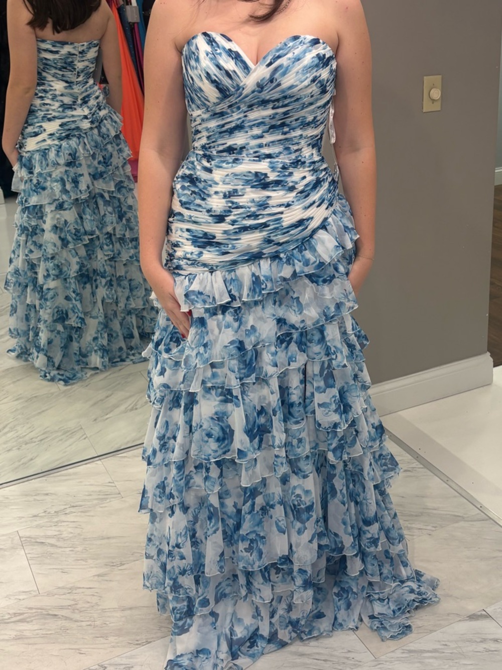 Blue Floral Strapless Ruffled Prom Gown